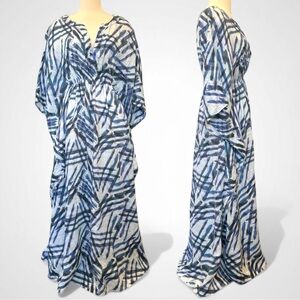 120% Lino Linen Abstract Stripe Blue White Made in Italy Kaftan Maxi Gown Dress